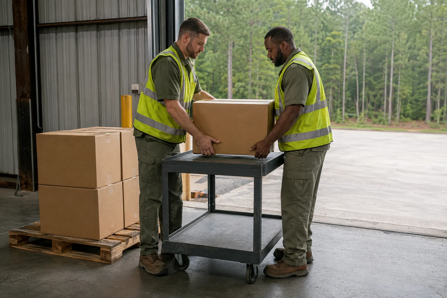 Two workers moving a carton onto a trolley beside a loading bay, an illustrative cargo-handling scene