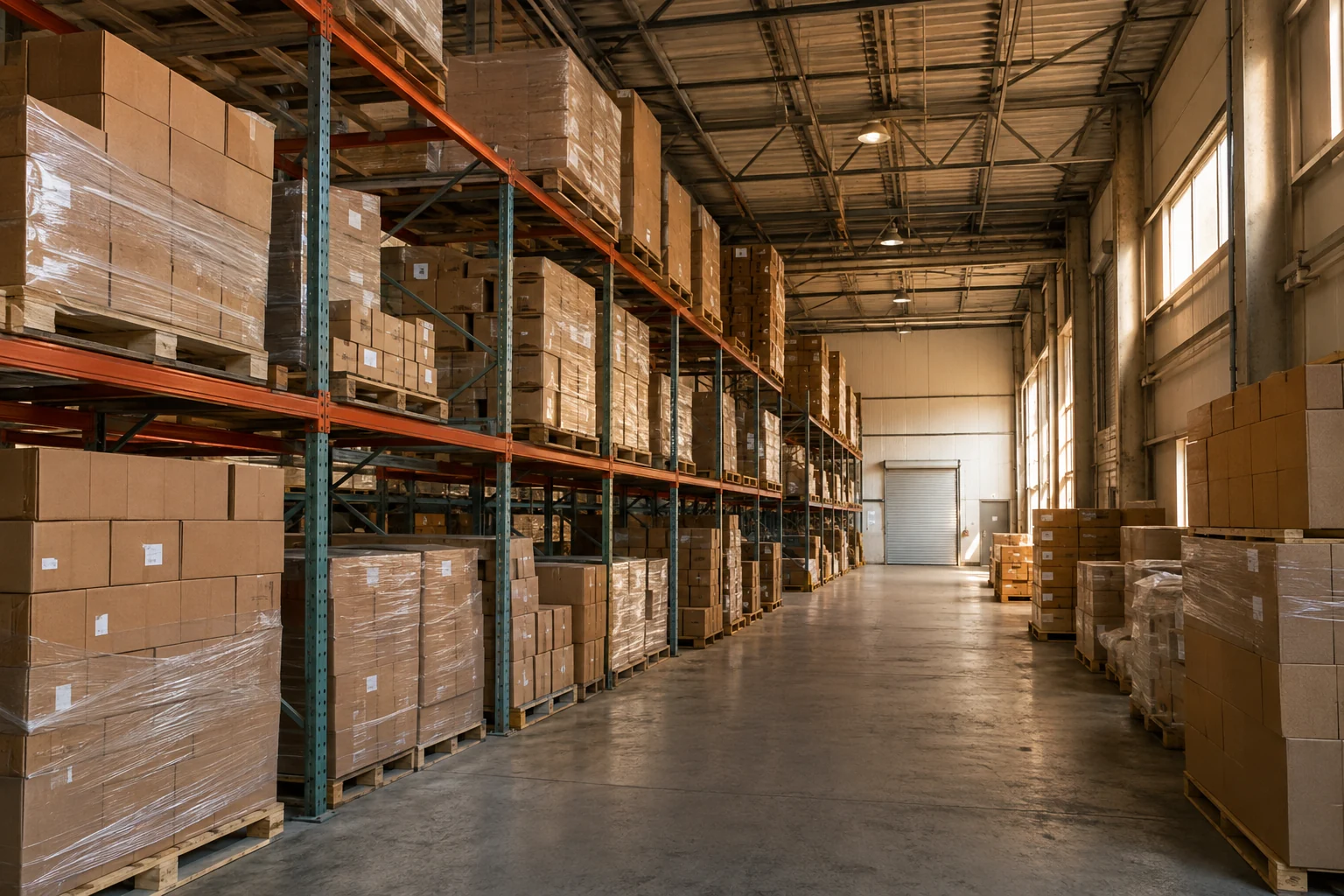 Orderly warehouse racks and clear aisles in an illustrative industrial interior