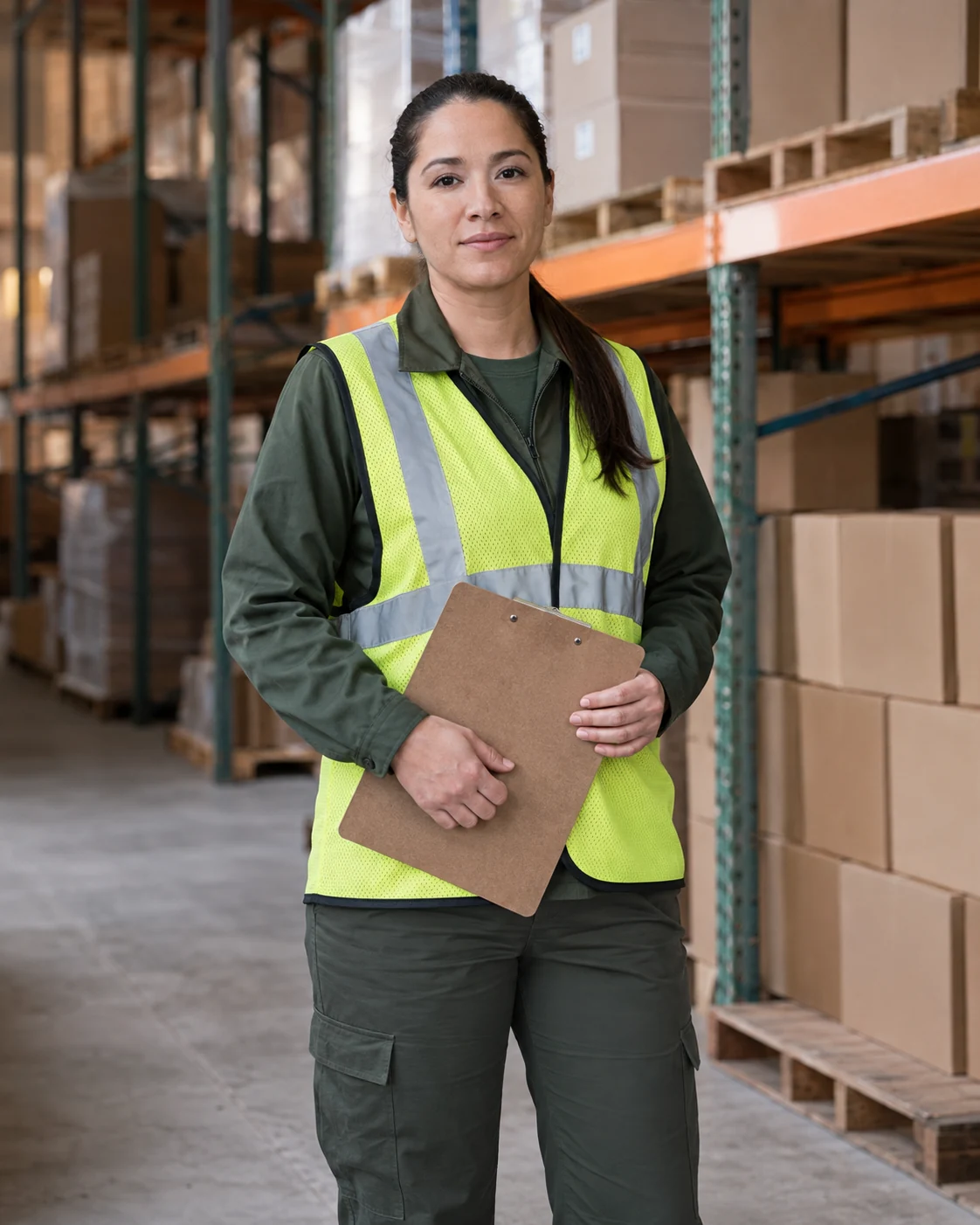 Illustrative portrait of a warehouse worker holding a clipboard in an aisle